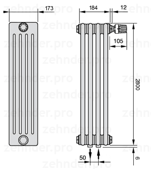 Схема (чертеж) Радиатор Zehnder Charleston 5280/4 №V008 Белый глянцевый RAL 9016